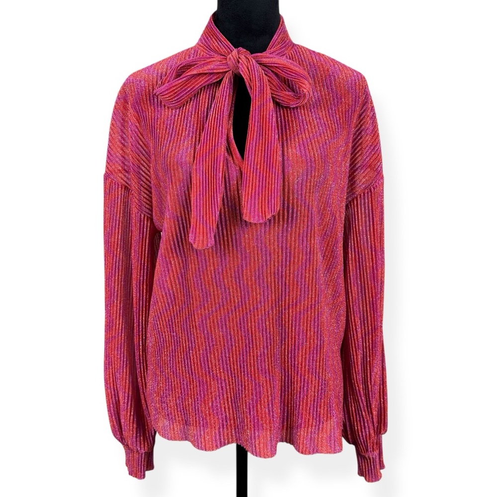 Zara Blouse with Neck Tie Womens Small S Pink Accordion Pleated Stretch